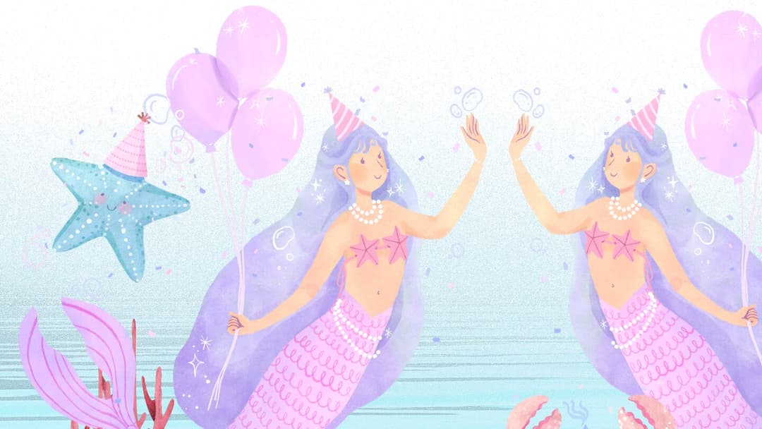 Illustrated mermaids with party hats, pink balloons, and a starfish underwater